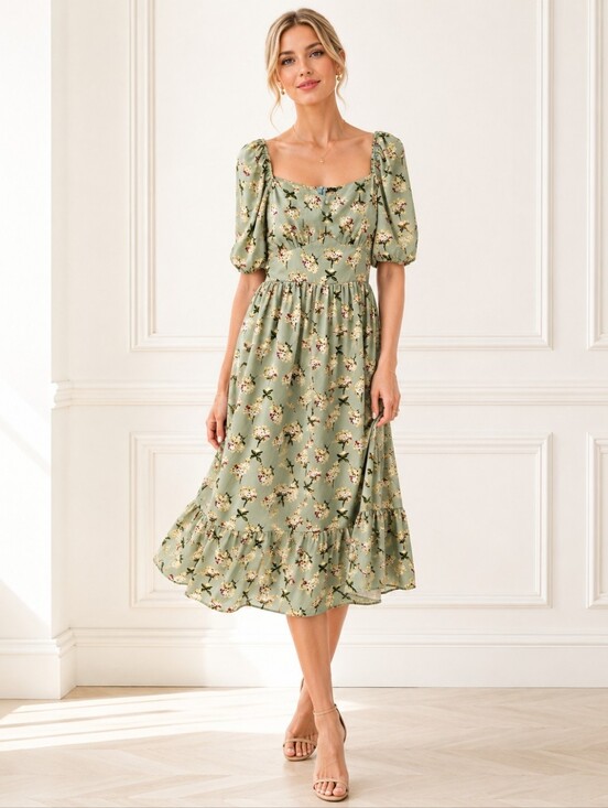 Dresses & Skirts - Floral Puff Sleeve Midi Dress Size Large | Cottagecore Romantic Sage Green | Aut